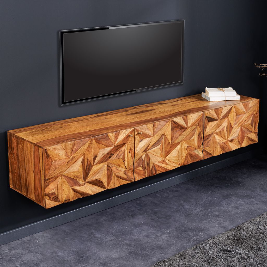 riess-ambiente Hängendes TV-Lowboard ALPINE 160cm braun stone finish gold massives Sheeshamholz Metall