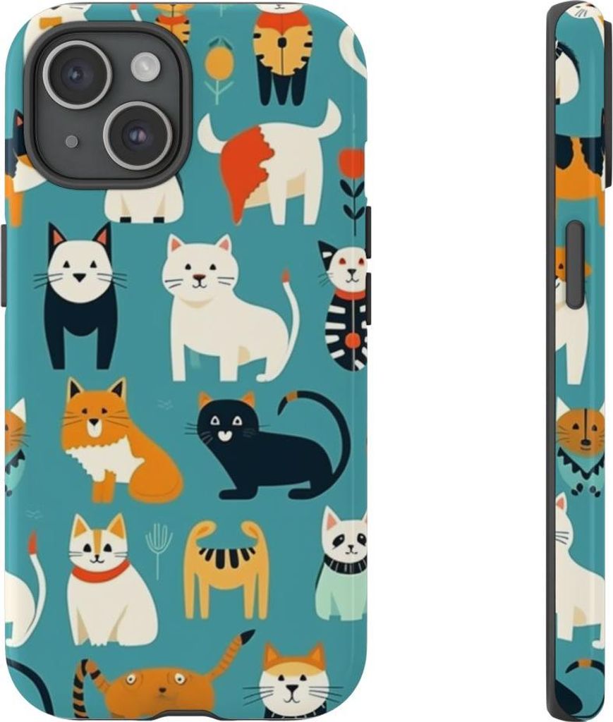 Bunte Katzenmotive auf glänzender Hülle – Hülle Kompatibel mit iPhone 15
