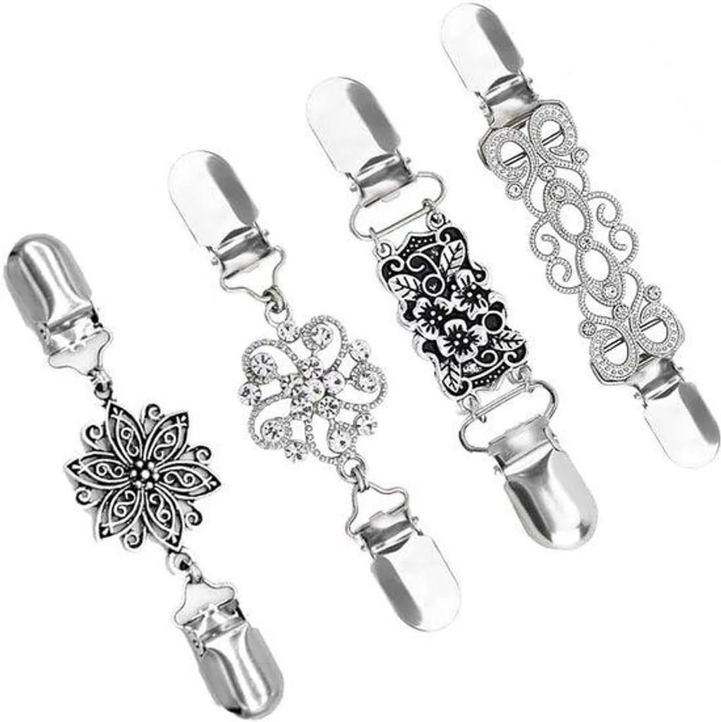 Lot de 4 clips pour pull en métal argenté robuste au design ciselé