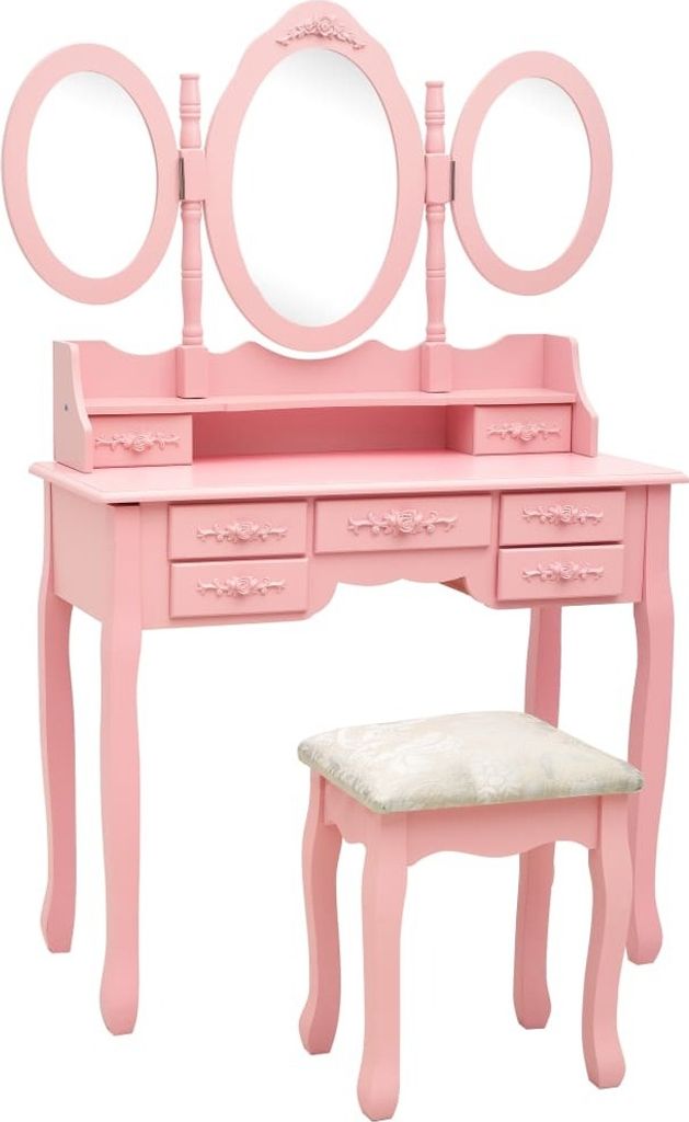 The Living Store Schminktisch mit Hocker und Dreifach-Spiegel Rosa