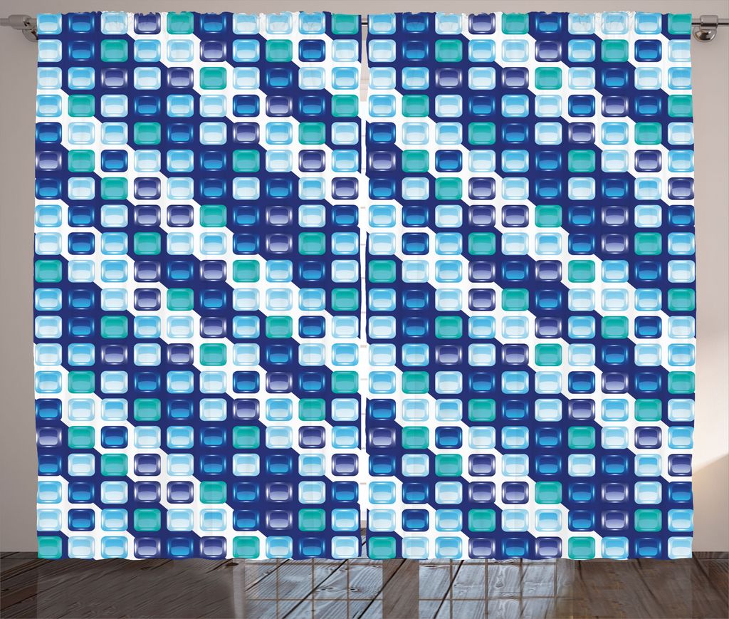 ABAKUHAUS Retro Rustikaler Vorhang, Vintage Mosaiken Quadrate, Wohnzimmer Universalband Gardinen mit Schlaufen und Haken, 280 x 225 cm, Hellblau Du...