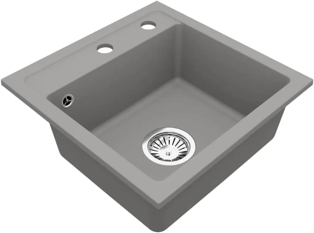 VBChome Lavello in granito 44 x 44 cm Grigio Vasca singola Lavello da incasso Spruzzato Lavello facile da pulire con sifone Ideale per cucine piccole