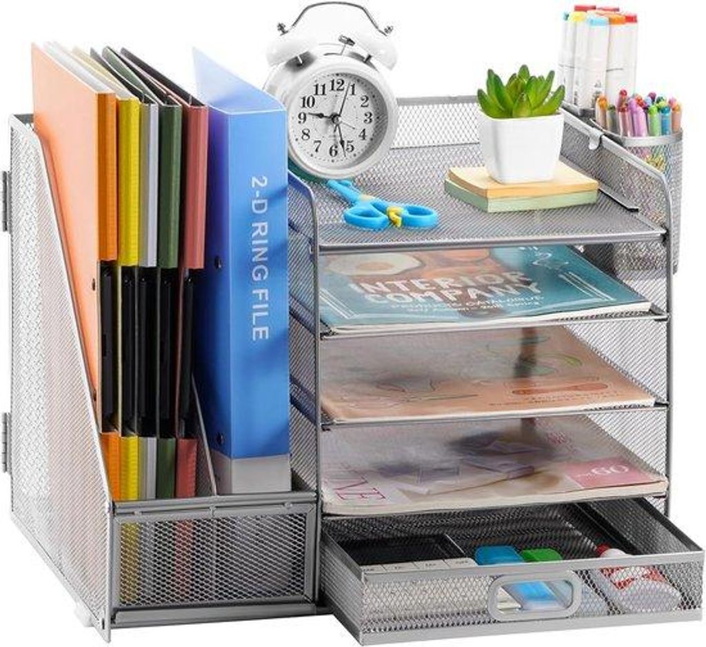 Famanu Büro-Organizer mit Ordnerhalter und Briefablage, 5 Fächer, Silber
