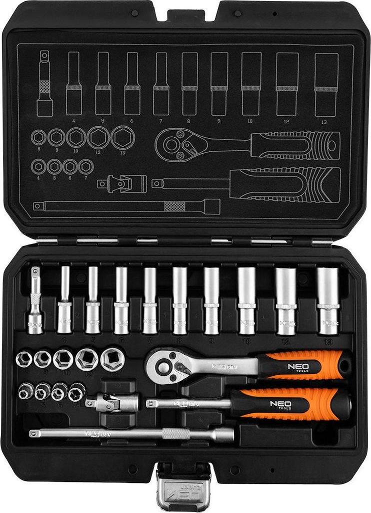 NEO TOOLS Steckschlüsselsatz 1/4" im Koffer, 23-teilig, CrV-Stahl, Satiniert