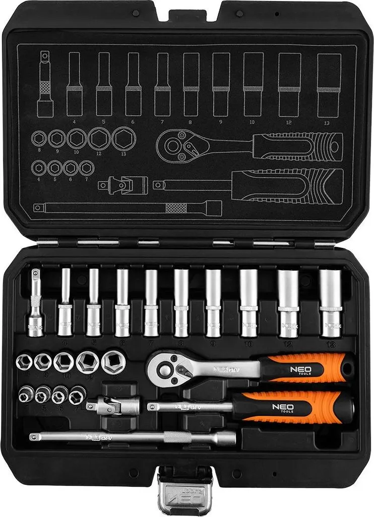 Jeu de clés à douilles 1/4" NEO TOOLS 23 pièces en acier chrome-vanadium