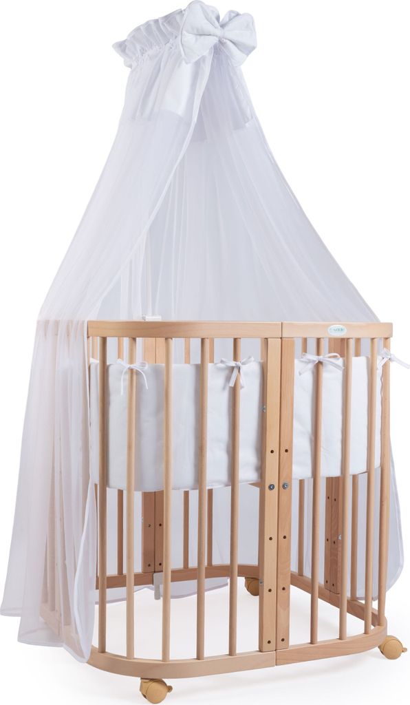 Mobiles Babybett aus Holz 7in1 mit Matratze, mitwachsend,Stoffe weiss,Holz natur