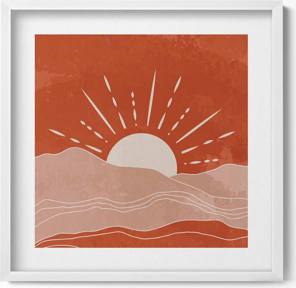 Illustration eines Sonnenaufgangs– Wandbild mit Rahmen – Gerahmtes Bild – Wanddekoration – 50x50 cm – Weiß Rahmen