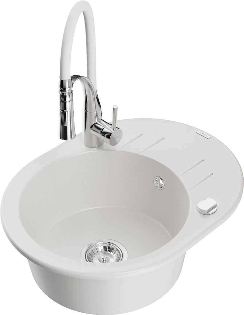 Mexen Kevin 1 Becken-Granitspüle mit Abtropffläche und Mischbatterie Aster, Weiß - 6517-20-73450-02