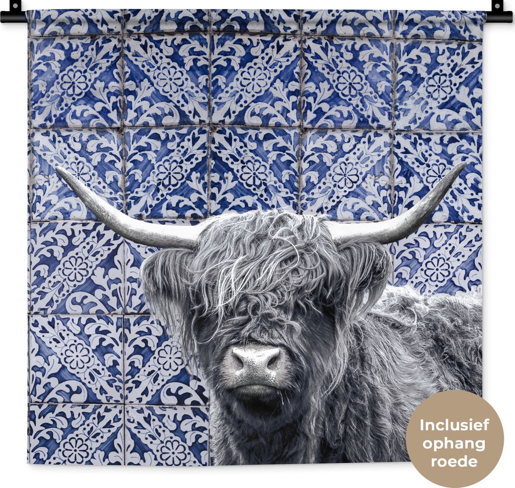 MuchoWow Wandteppich Wandbehang Schottisches Hochlandrind - Delfter Blau - Schwarz - Weiß 60x60 cm Tapisserie Dekoration Wandtuch - Dekorationen...
