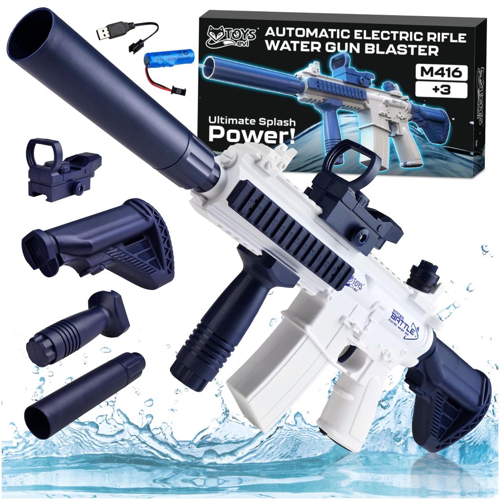 EVI TOYS HYDRO M416 Elektrische Wasserpistole Automatisch, 10m Reichweite, USB Akku, Zubehör-Set, Wasserspielzeug Kinder & Erwachsene, Weiß-Blau