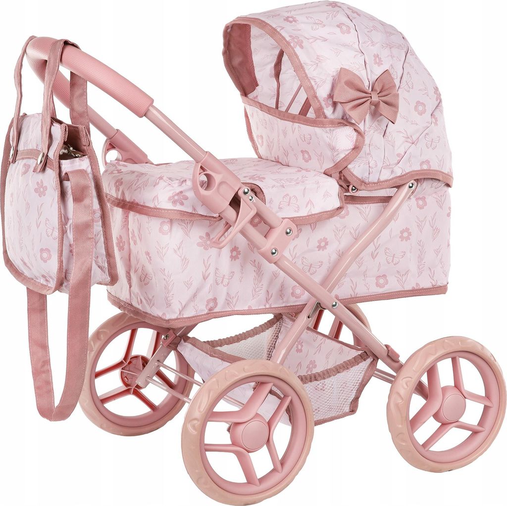 Puppenwagen mit Tasche und Klappdach – Kinderwagen für Puppen – rosa, höhenverstellbare Griffhöhe ca. 54 cm