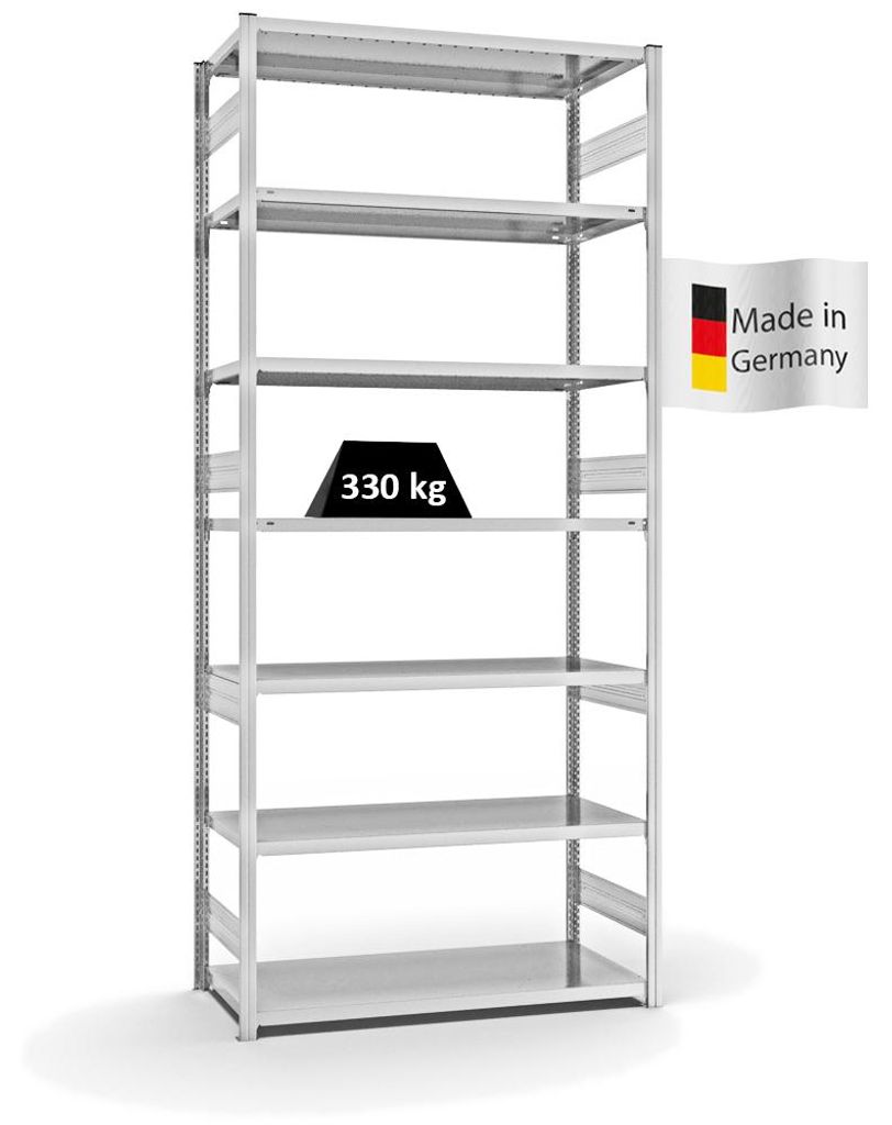 PROREGAL Fachbodenregal Stecksystem MAGNUS Germany | HxBxT 300x130x60cm | 7 Ebenen | Fachlast 330 kg | Beidseitig nutzbar | Lichtgrau