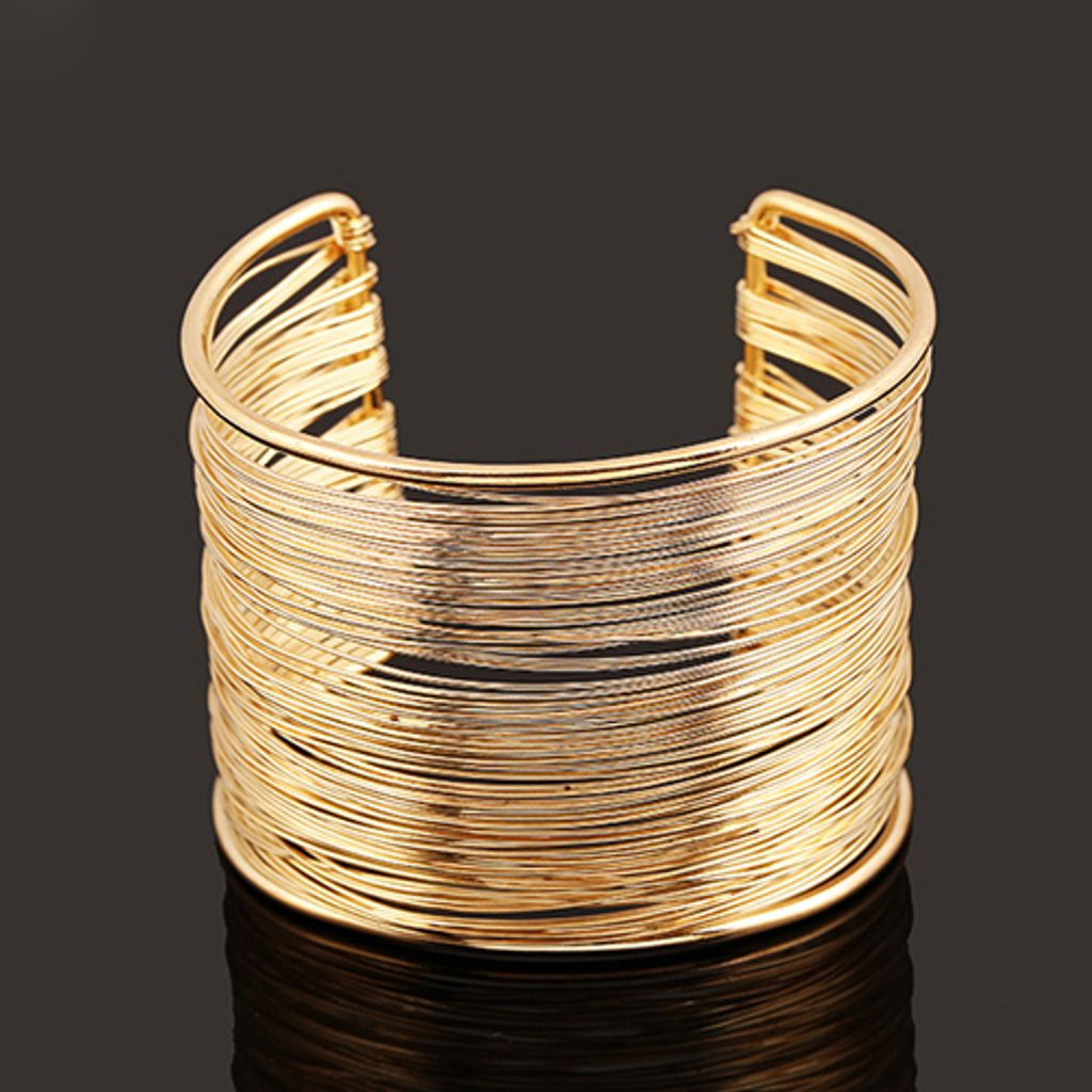 Modisches Damen-Armband mit mehrschichtigen Metalldrähten, offenen Armreifen und breiten Manschetten-Golden
