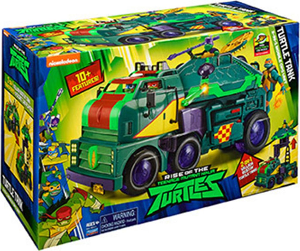 The image shows the retail packaging of a Teenage Mutant Ninja Turtles toy tank.