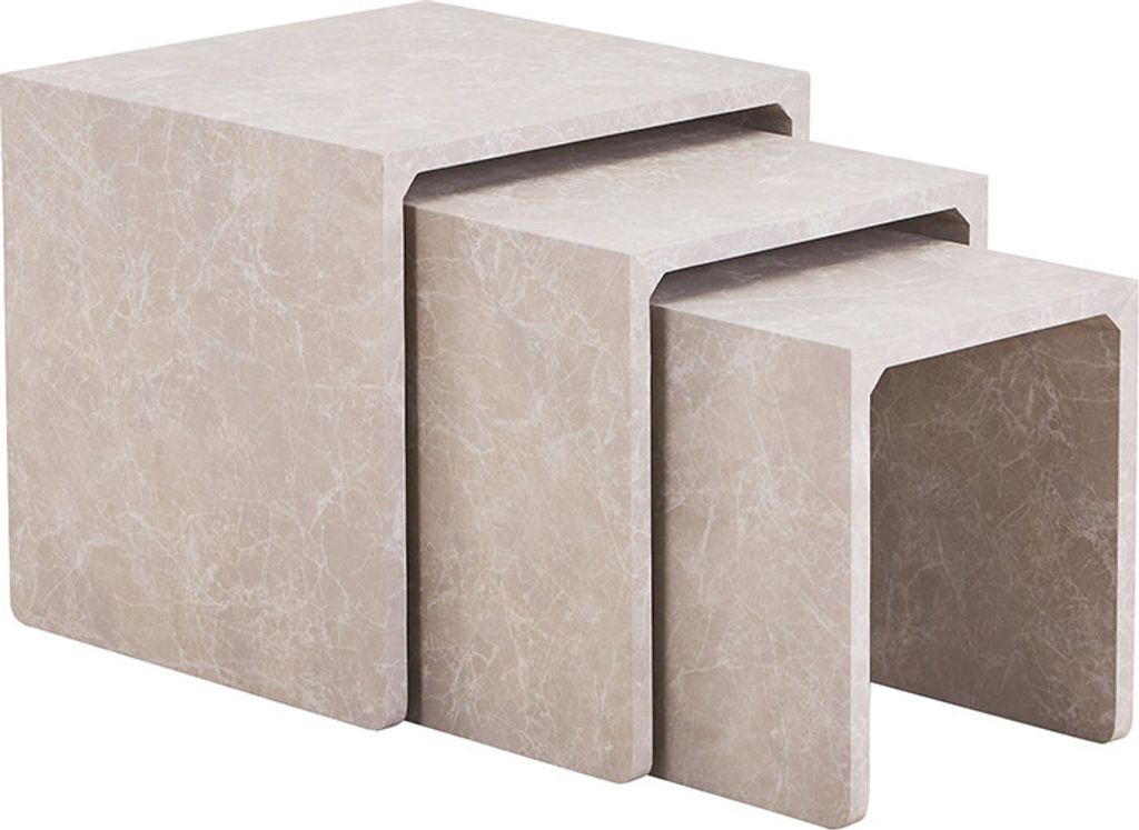 A set of three nesting tables with a marble-like pattern.