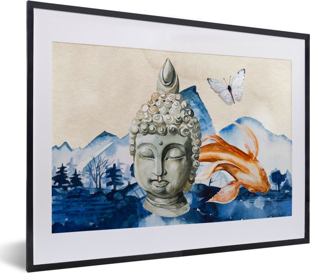 MuchoWow MuchoWow Gerahmtes Poster Buddha - Kopf - Berg 40x30 cm - Poster mit zchwarzem Bilderrahmen - Bilderrahmen - Poster im Rahmen