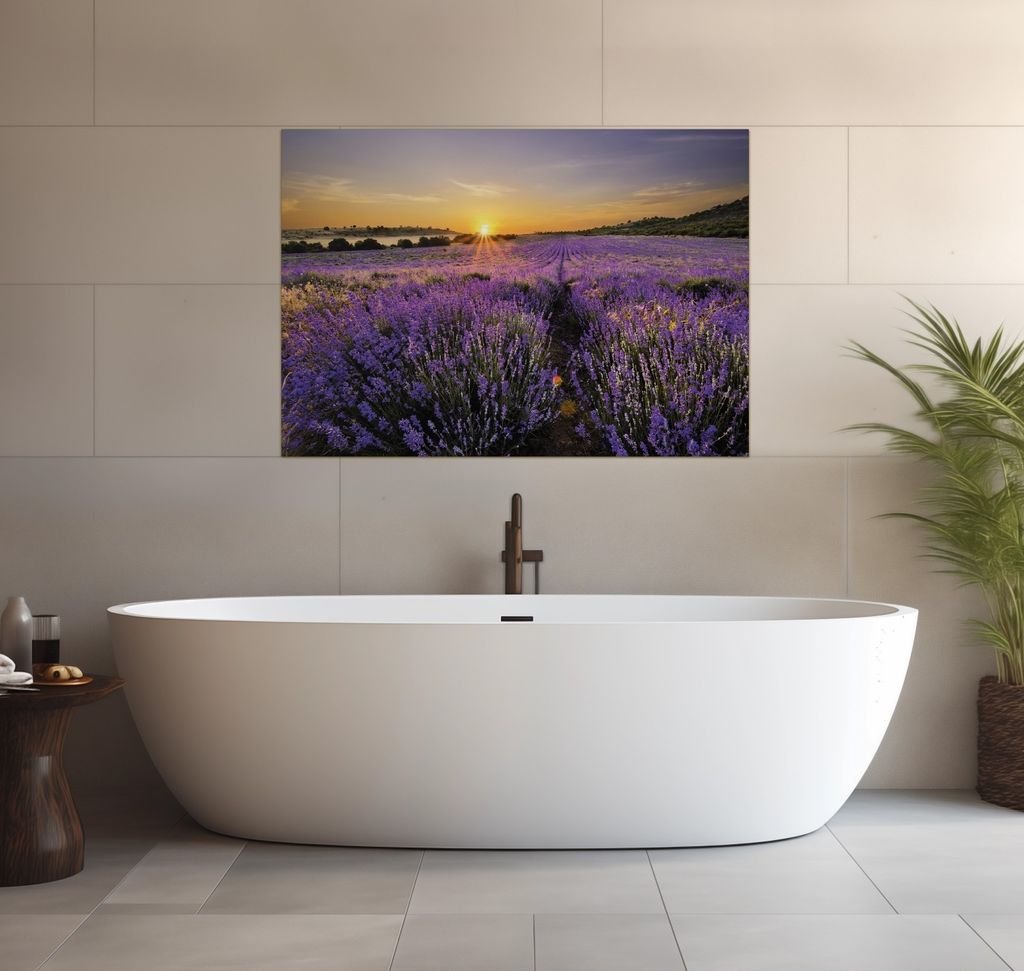Wallario wasserfestes Poster selbstklebend 70 x 100 cm, Sonnenuntergang über dem Lavendel, Badezimmerposter Spritzschutz mit Hochglanzoberfläche ...