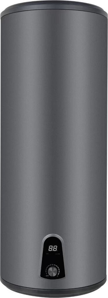 A gray cylindrical electric boiler is shown against a light gray background.