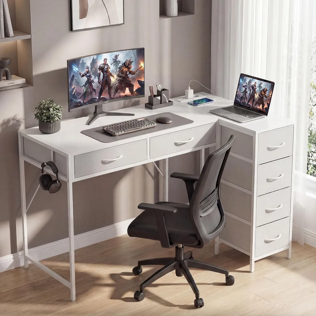 Bureau en L blanc anti-câbles apparents avec prises USB intégrées compacte - 2