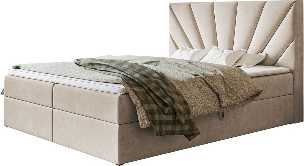 Boxspringbett DENVER mit 2 Bettkästen, Polsterbett Maße: 140x200, Farbe: Beige, Velourstoff, Doppelbett mit Bonell-Matratze