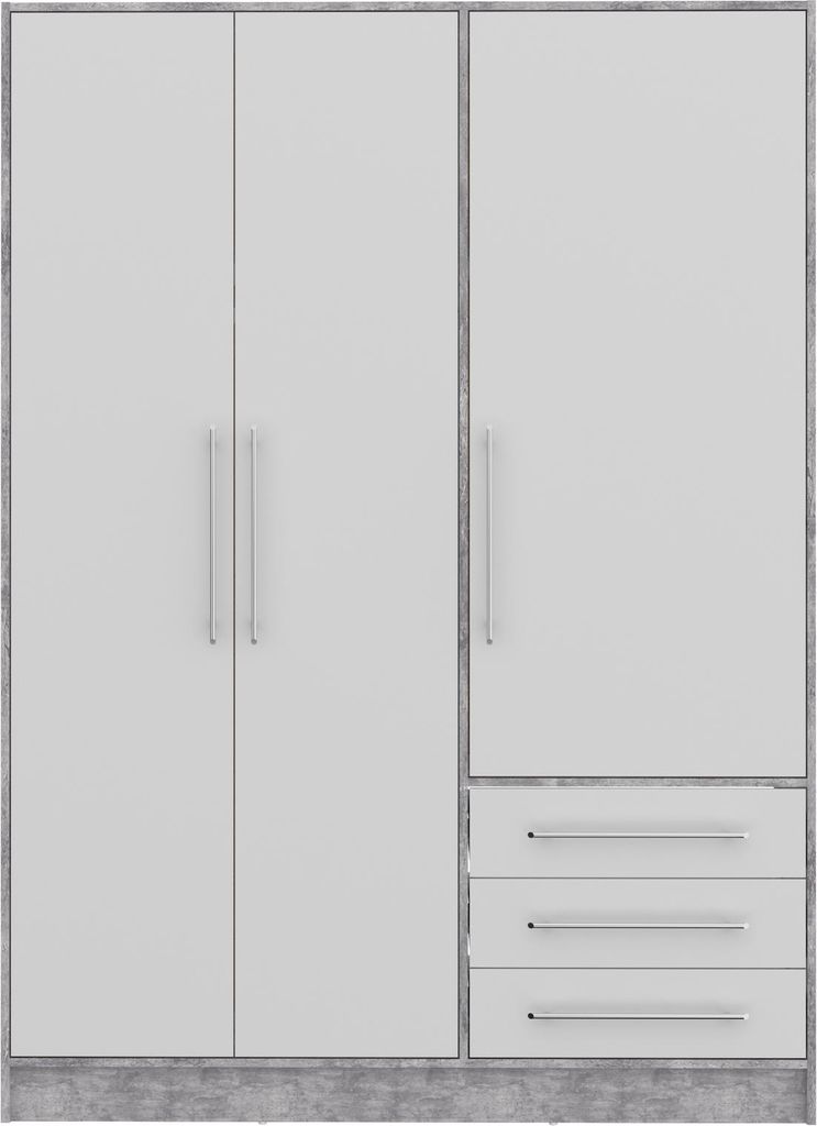 Drehtürenschrank >JUPITER < 3 Türen, 3 Schübe, Betonoptik / Weiss - 144,6x200x60 (BxHxT)