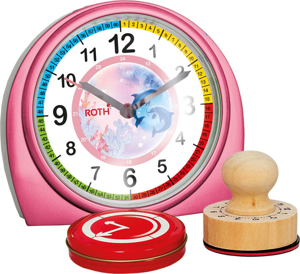 ROTH Lernuhr mit Stempelset - Delfine - Geschenkset aus Kinderwecker und Stempel mit Farbkissen