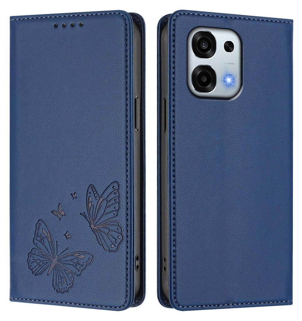 Lederhülle für Oppo A6 Pro 5G/Oppo A6 Pro 4G, Schmetterling Prägung Leder Brieftasche Schutzhülle mit Ständer Dunkelblau