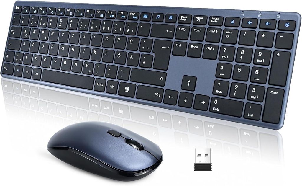 Kabelloses Tastatur-Maus-Set QWERTZ, 2,4 GHz Funk, Leise Flache Tastatur, 19 Multimedia-Tasten, USB Nano-Empfänger für Laptop, PC, Mac, Smart-TV