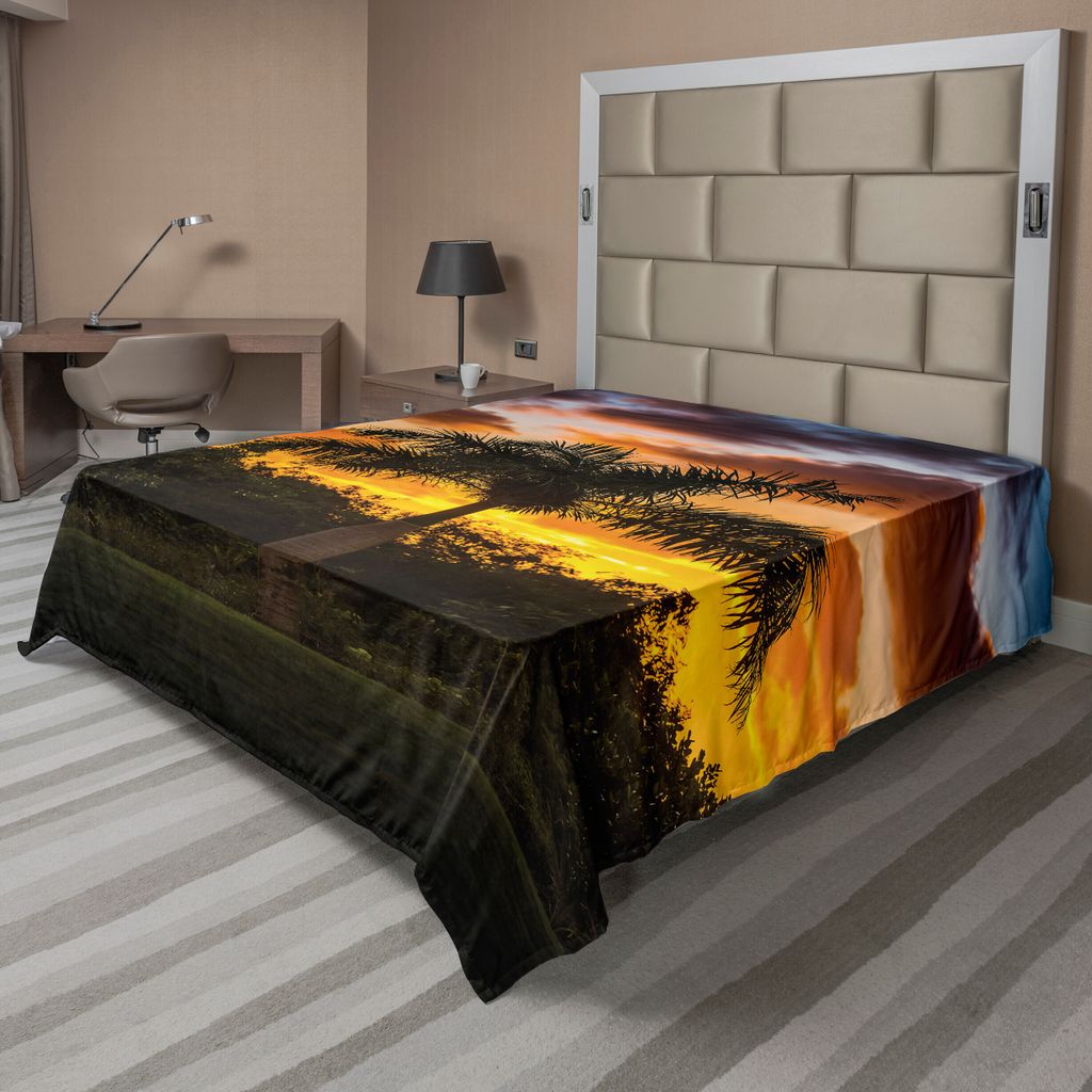 ABAKUHAUS Palme Bettlaken, Palme-Schattenbild-Szene bei Sonnenuntergang Twilight Tranquility im Natur-Bild, weiches bequemes oberes Bettlaken für ...