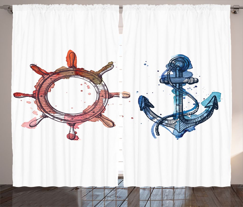ABAKUHAUS Anker Rustikaler Vorhang, Nautical Lenkrad, Wohnzimmer Universalband Gardinen mit Schlaufen und Haken, 280 x 245 cm, Pink Blau