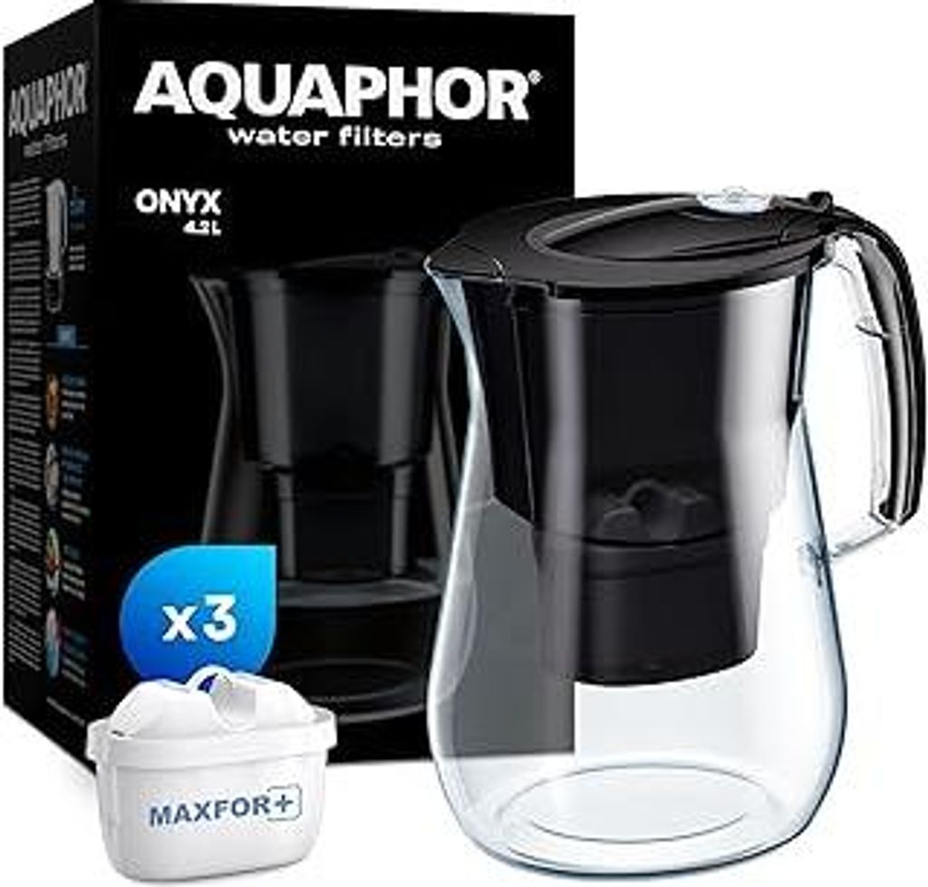 AQUAPHOR Onyx Wasserfilterkanne 4,2 l, zur Reduzierung von Kalk, Chlor und anderen Verunreinigungen, inklusive 3 x Maxfor+ Filterpatronen - Premium...