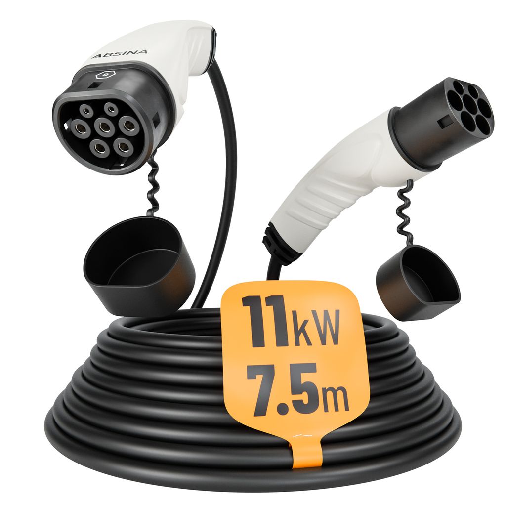 ABSINA Typ 2 Ladekabel 11kW & 16A für Hybrid & Elektroauto - 7,5 Meter Typ 2 Ladekabel 3 phasig - Mode 3 Ladekabel