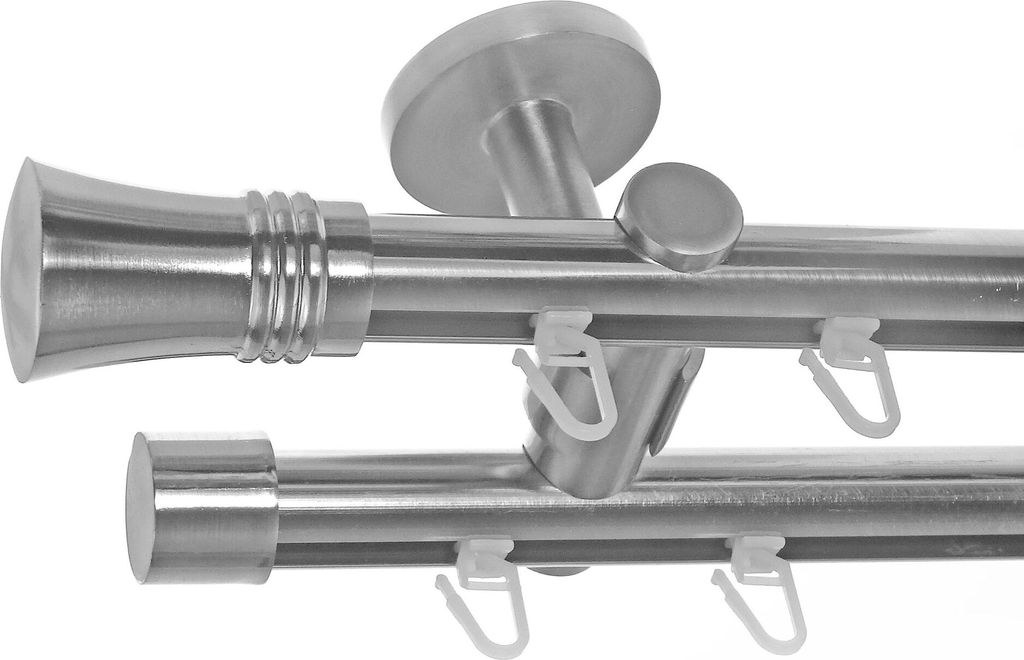 Innenlauf Gardinenstange Edelstahl Look, Durchmesser 20mm, Deckenträger D40, 2-läufig, Länge 360, Endkappe E86