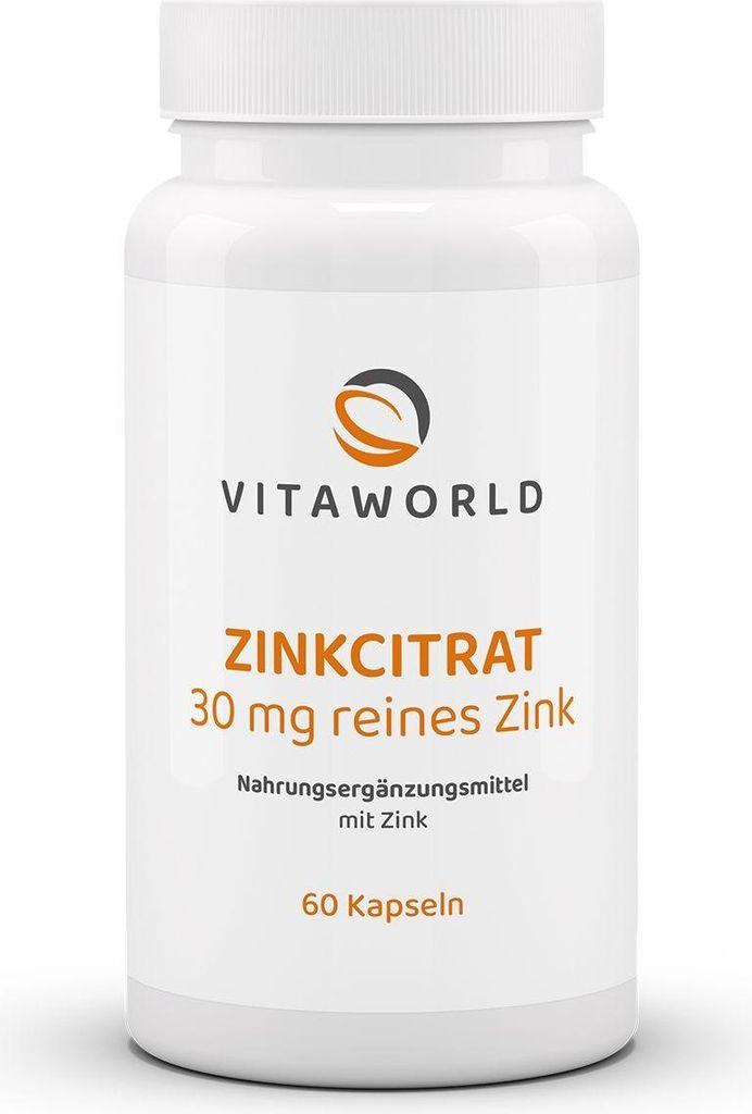 Vitaworld Zinkcitrat 30 mg | 60 Kapseln | hochdosiert mit 30 mg reinem Zink pro Kapsel | vegan