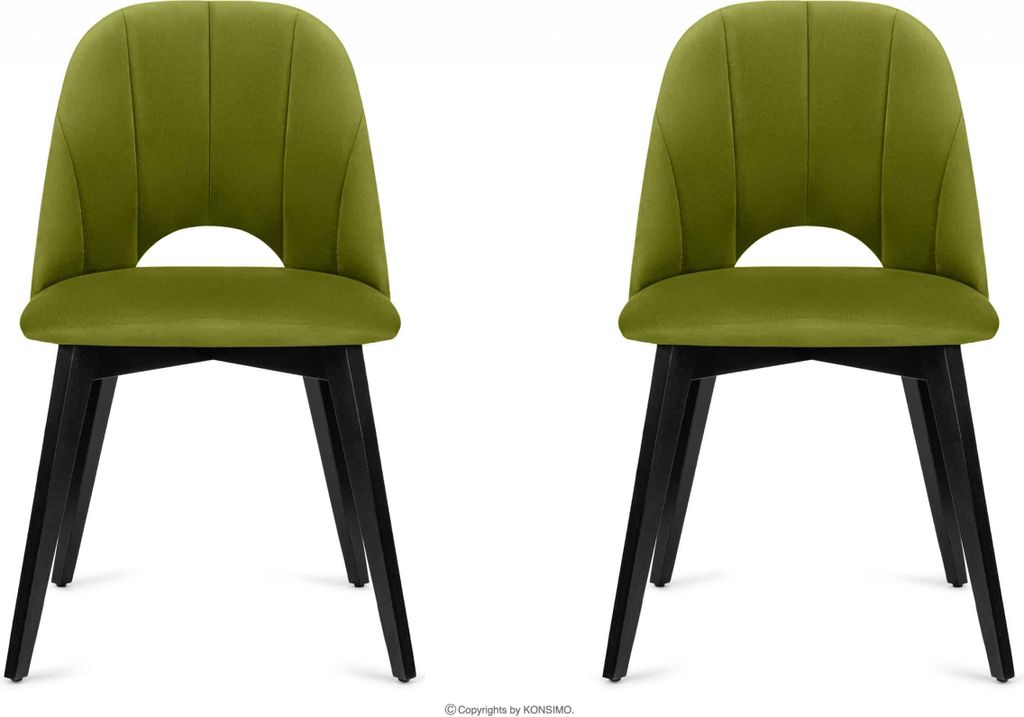 Two green chairs with black legs are shown against a white background.