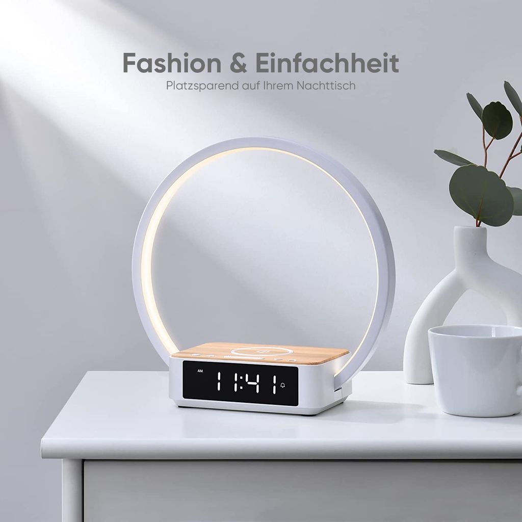 WILIT LED Tischleuchte Schreibtischlampe mit Ladefunktion Kabellos LED Tischlampen Wohnzimmer, Aufwachlicht, Wecker, Zeitanzeige und 3 Helligkeitsstufen, Weiß-Holz