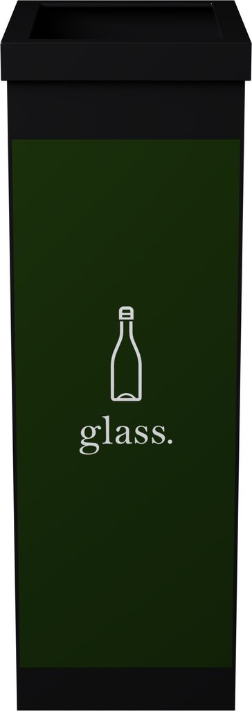 A black and green recycling bin for glass.
