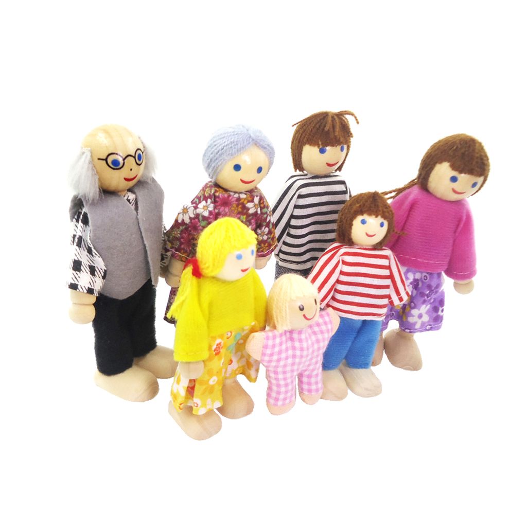 7 Personen Familie Puppen Holz Puppenfamilie Biegepuppen Puppenhaus Figuren Set 