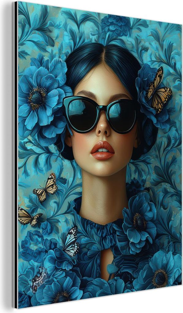MuchoWow Wanddekoration Metall Metallbild Wandkunst 60x80 cm Frau - Blumen - Schmetterlinge - Blau - Abstrakt MuchoWow Aluminium Gemälde - Wanddek...