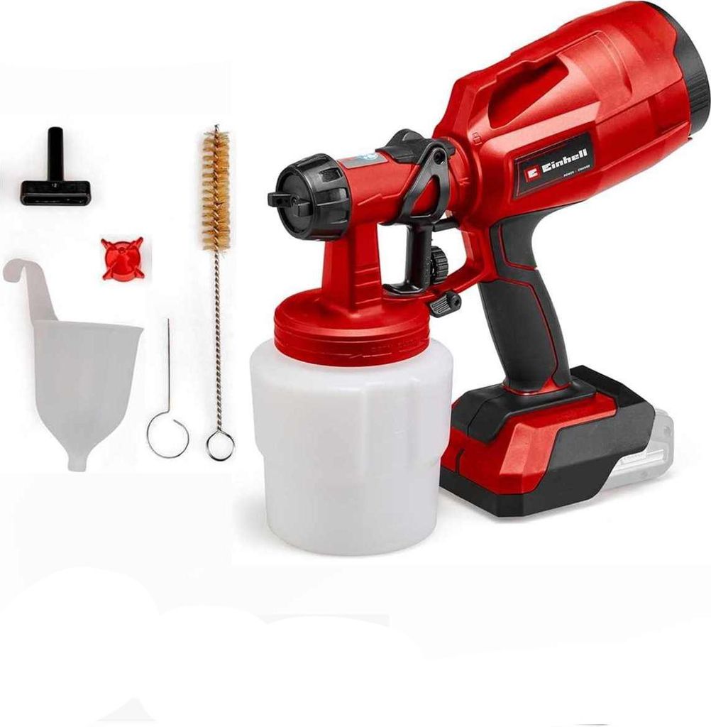 A red and black electric paint sprayer with accessories on a white background.