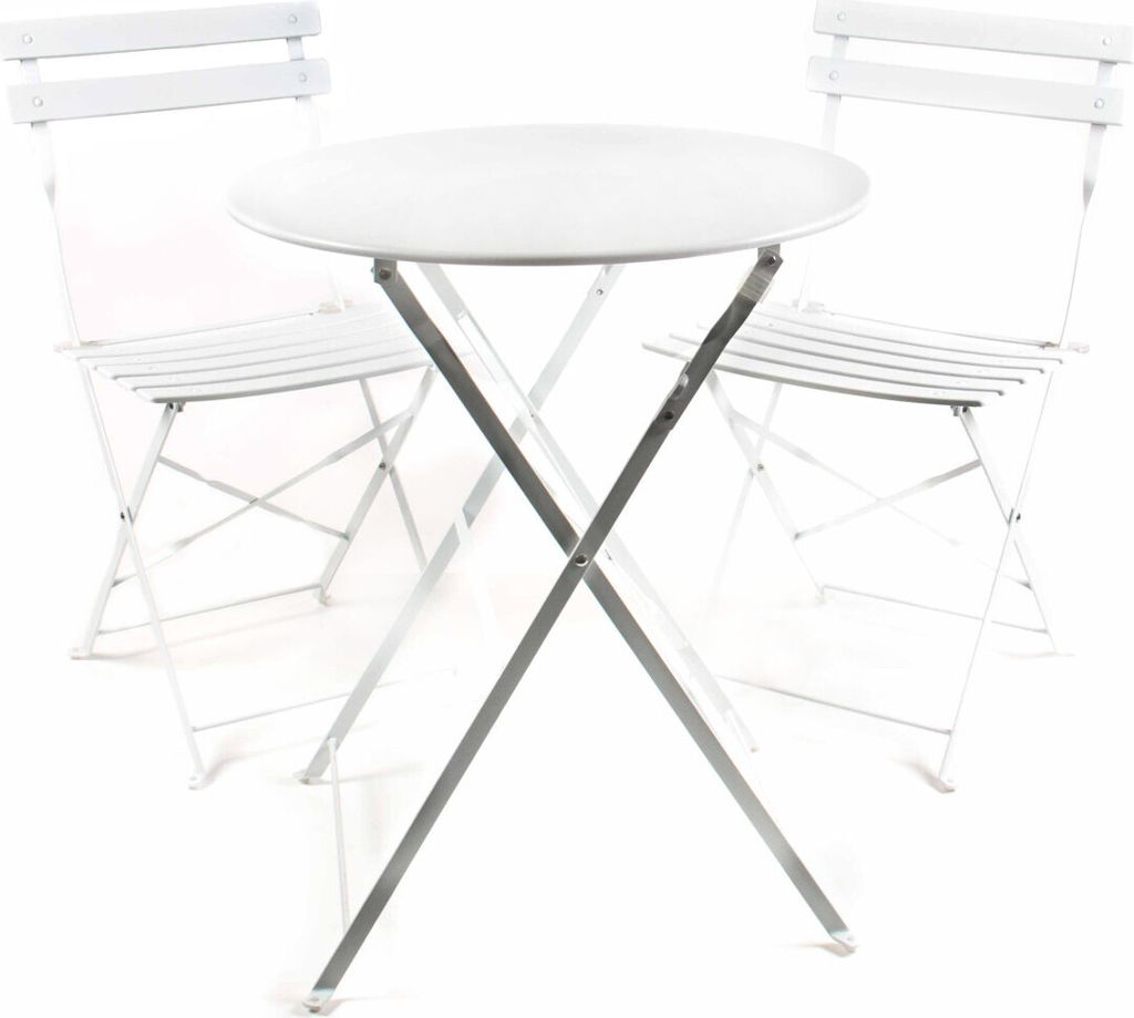 Bistro Balkon Garten Set 3 teilig, Klapptisch Ø 60 cm 2x Klappstühle, Retro-Design, für innen und außen, Farbe weiss