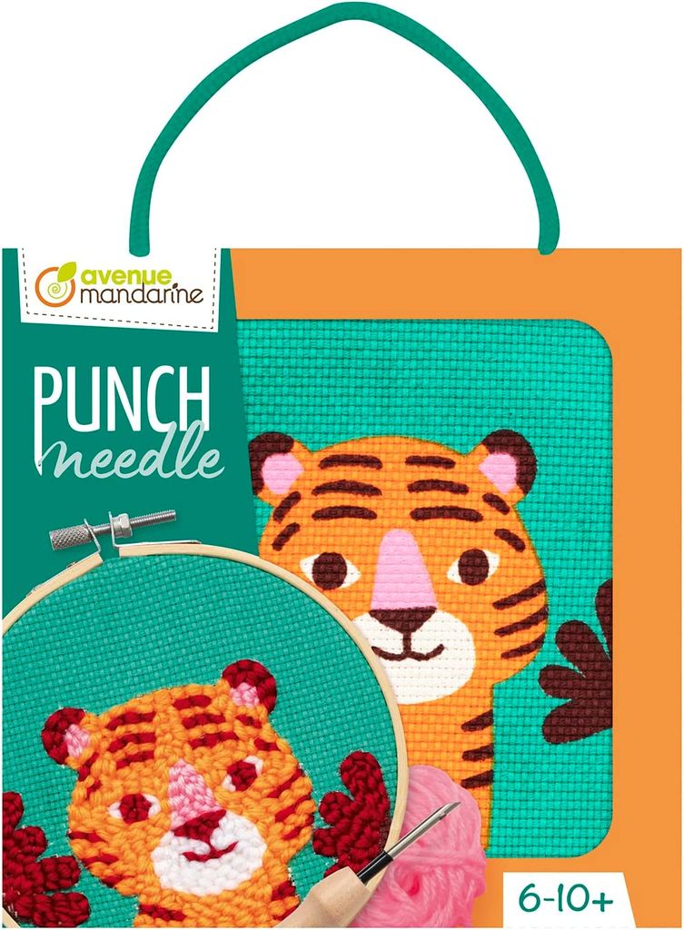 Avenue Mandarine - Ein Stickbild Punch Needle, Kreuzstich-Set für Kinder – ab 6 Jahren – Tiger zum Nähen Stoff 18 x 18 cm, Nadel Punch Needle...