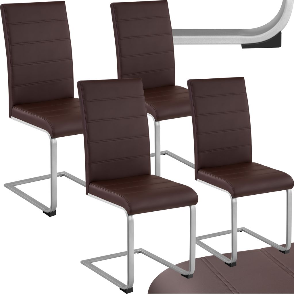 A set of four brown upholstered dining chairs with silver metal frames are arranged on a white background.