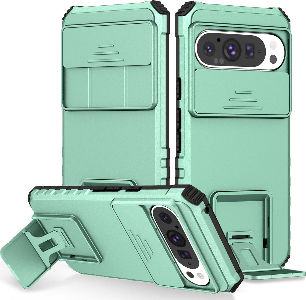 Dual Layer Hülle für Google Pixel 9 / Pixel 9 Pro Stossfest Robust Ständer Schutzhülle mit Schiebe Kamera Schutz Türkis