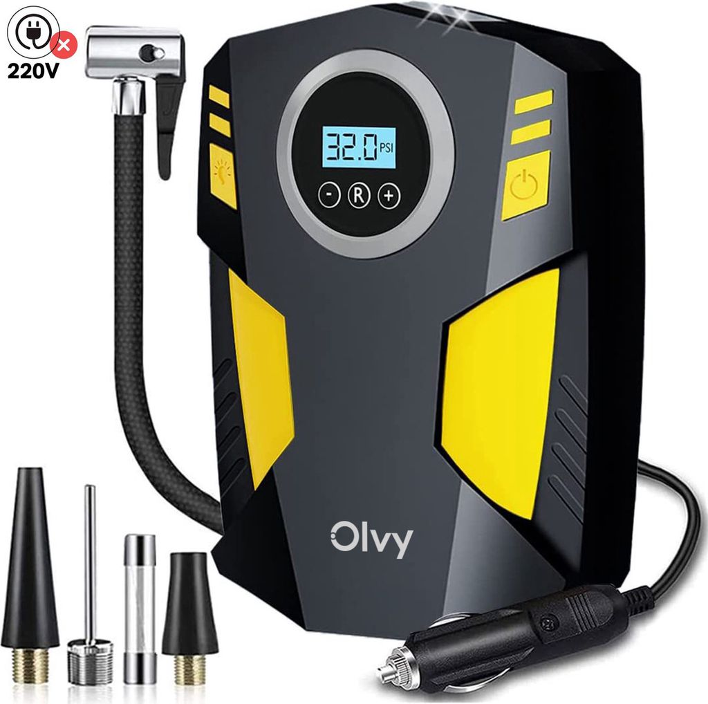 Olvy Luftkompressor Autoreifen 12V Netz, 10,3Bar Elektrische Luftpump, Digitaler Anzeige, LED-Leuchte Mini-Kompressor für Auto Fahrrad Bälle 4 Ve...