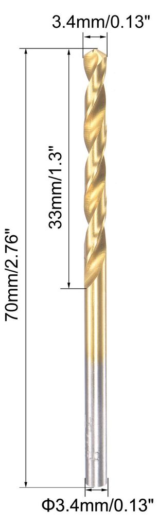 2 Stš¹ck HSS Spiralbohrer mit Geradem Schaft Vollst?ndig Geschliffen Titanbeschichtet 3.4mm Bohrerdurchm. 70 mm Gesamtl?nge 33 mm Bohrerl?nge