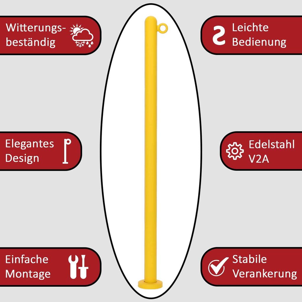 TIBU Absperrpfosten Edelstahl Gelb Ø 42,4mm Kettenpfosten mit Öse Anfangs-/Endpfosten für Dübelbefestigung
