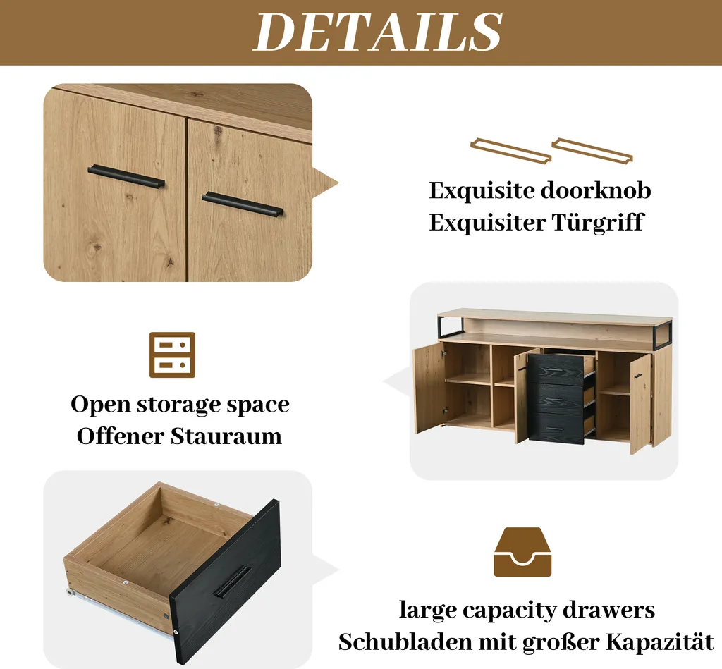 Commode 3 tiroirs avec étagères réglables en chêne massif de 150 cm - 5