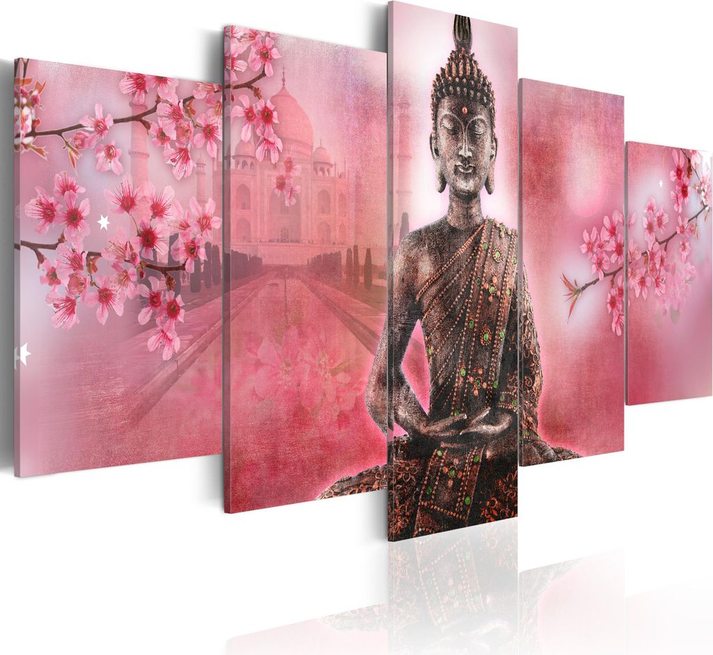 Leinwandbilder Buddha 200x100 cm Vlies Leinwandbild 5 tlg Kunstdruck modern Wandbilder XXL Wanddekoration Design Wand Bild - Feng Shui Statue Kirsc...
