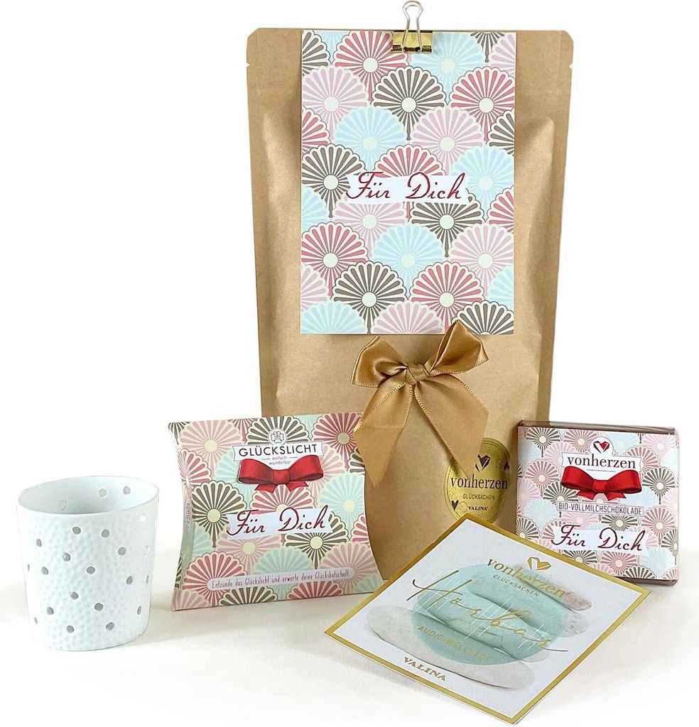 VONHERZEN Geschenkset "Kleine Auszeit" | Für Dich | Tolles Set für Entspannung und Glücksmomente | Glückskerze, Schokolade, Teelichthalter & Karte
